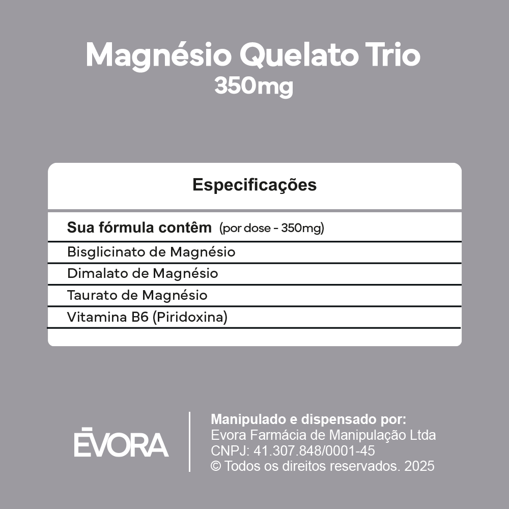 Magnésio Quelato Trio 350mg | Bisglicinato, Dimalato e Taurato com Vitamina B6