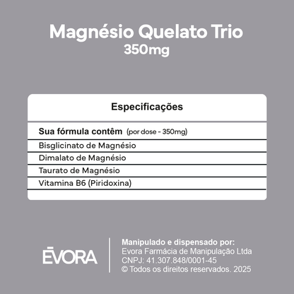 Magnésio Quelato Trio 350mg | Bisglicinato, Dimalato e Taurato com Vitamina B6